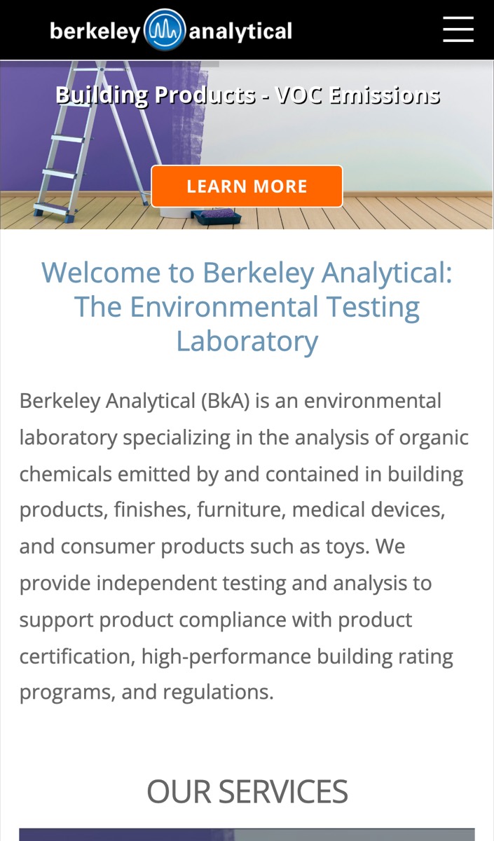 The Berkeley Analytical website on a phone